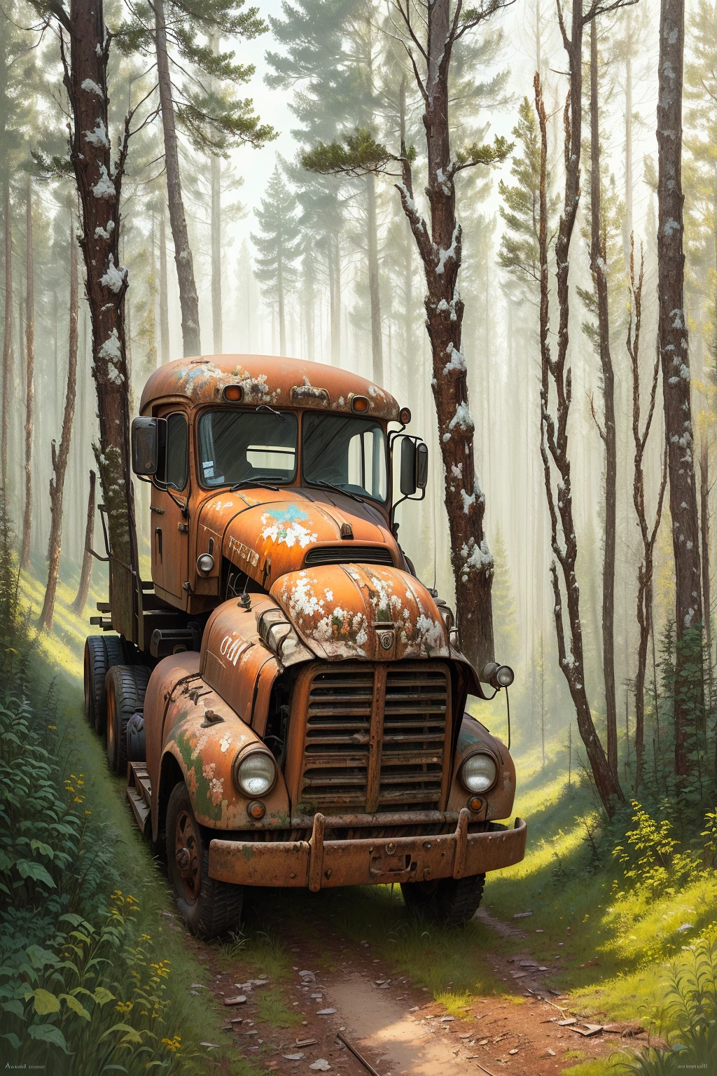 Painting of an old rusty truck in the forest,There are tires, Andrei Gordeev, Vadim Kashin. Surreal, 靈感來自Vadim Kashin, Alexei Egorov, abandoned vehicles, philip hodas art style, forgotten、lost in the forest, Busier Rutkoski Andreas Rocha, Highly detailed digital painting