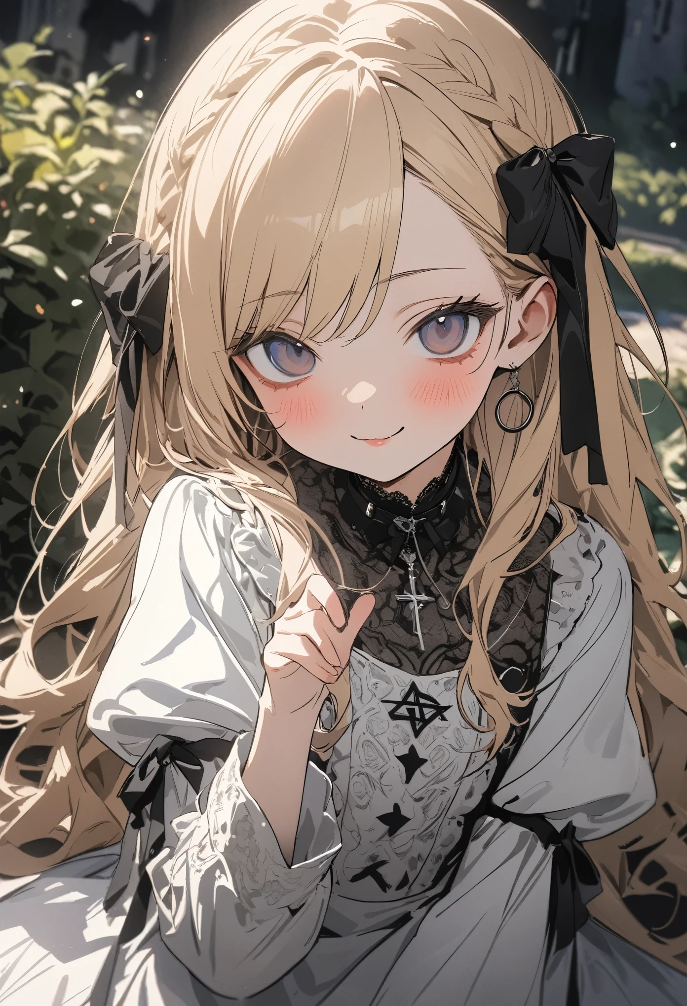 ((Masterpiece)), ((best quality)), (super detail:1.2), (High Definition:1.3), ((extremely detailed)), (8K), (Professional Photography:1.2), (very aesthetic:1.2), (absurdres:1.2), (sharp focus), (perfect light), ((kawaii)), (flat color), (flat shading), (drop shadow), (wide shot), ((12 years old)), ((1 princess)), Textured skin, ((Beautiful Gothic Lolita white Dresses)), (very hoop-dress), ((Luxury cross motif embroidery)), (intricate lace details), Victorian-style collar, cute innocent young girl, BREAK, ((loose swept bangs)), Slender body, small chest, (long silky blond hair), (gothic lolita makeup), cute cheeks, glossy lips, pouty lips, ((bags under the eyes)), lower eyelashes, beautiful hair, ((smug)), blush, Light particles, ((shrugging pose)), mysterious and elegant, in beautiful Fantastic garden, ((inverted pentagram symbol)), (detailed background:1.2), newest, ((best quality)), decorated, lots of accessories, 