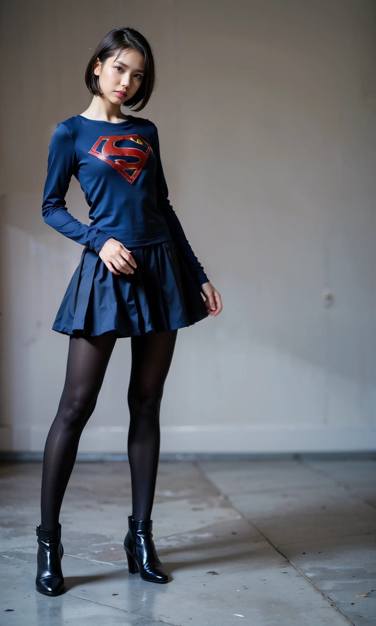No background、(((Beautiful legs in black tights.)))、(((Legally express the beauty of your smile)))、((((Make the most of your original images)))、(((Supergirl Costume)))、(((Beautiful very short hair)))、(((suffering)))、(((Please wear black tights....、Wear red boots)))、((Best image quality、8k))、((Highest quality、8k、masterpiece:1.3))、(((Preserve background )))、Sharp focus:1.2、Beautiful woman with perfect figure:1.4、Slim Abs:1.2、Wet body:1.5、Highly detailed face and skin texture、8k