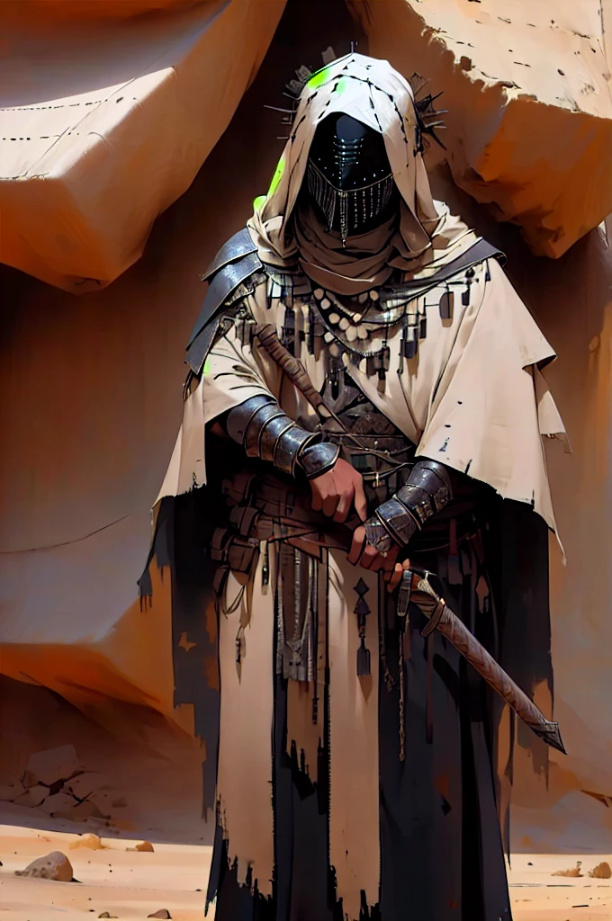 a person in the desert, wearing tattered robes, has a black mask with a chain veil attached to it that completely conceals face, wears a cowl, has torn and tattered robes underneath scrappy leather armor, tattered shoulder cape similar to a simar, leather wrap bracers around forearms, metal quarterstaff, lone wanderer, cel shading, line art, anime styling