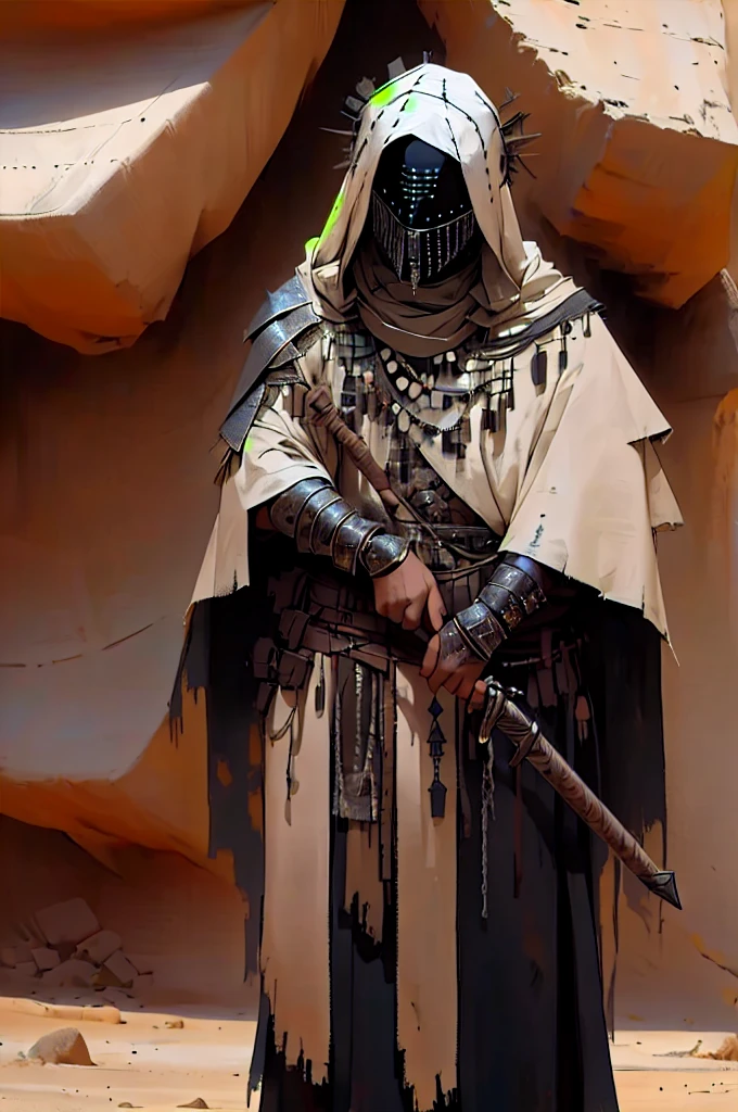 a person in the desert, wearing tattered robes, has a black mask with a chain veil attached to it that completely conceals face, wears a cowl, has torn and tattered robes underneath scrappy leather armor, tattered shoulder cape similar to a simar, leather wrap bracers around forearms, metal quarterstaff, lone wanderer, cel shading, line art, anime styling