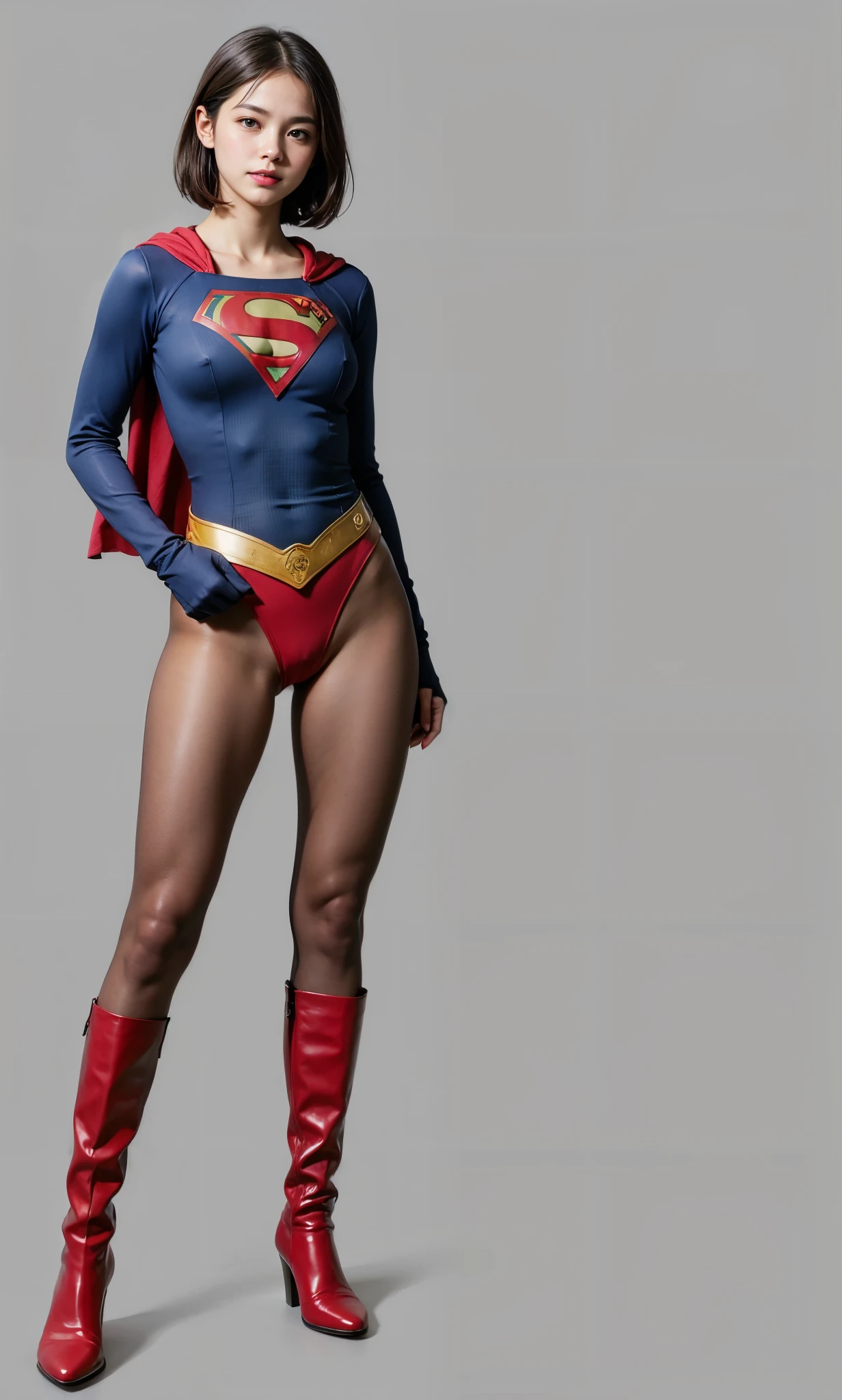 No background、(((Beautiful legs in black tights.)))、(((Legally express the beauty of your smile)))、((((Make the most of your original images)))、(((Supergirl Costume)))、(((Beautiful very short hair)))、(((suffering)))、(((Please wear black tights....、Wear red boots)))、((Best image quality、8k))、((Highest quality、8k、masterpiece:1.3))、(((Preserve background )))、Sharp focus:1.2、Beautiful woman with perfect figure:1.4、Slim Abs:1.2、Wet body:1.5、Highly detailed face and skin texture、8k