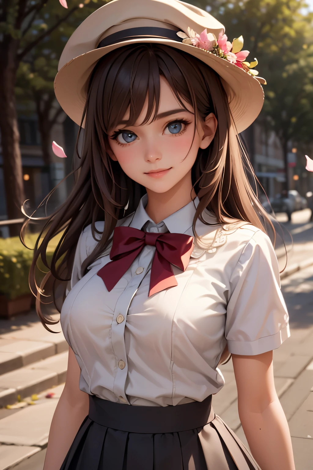 Medium view, medium shot, depth of field, bust, upper body, cinematic angle, masterpiece, best quality, super detailed, CG, 8K wallpaper, beautiful face, delicate eyes, a maiden, solo, smile, bangs, skirt, shirt, hat, dress, bow, petals, bouquet