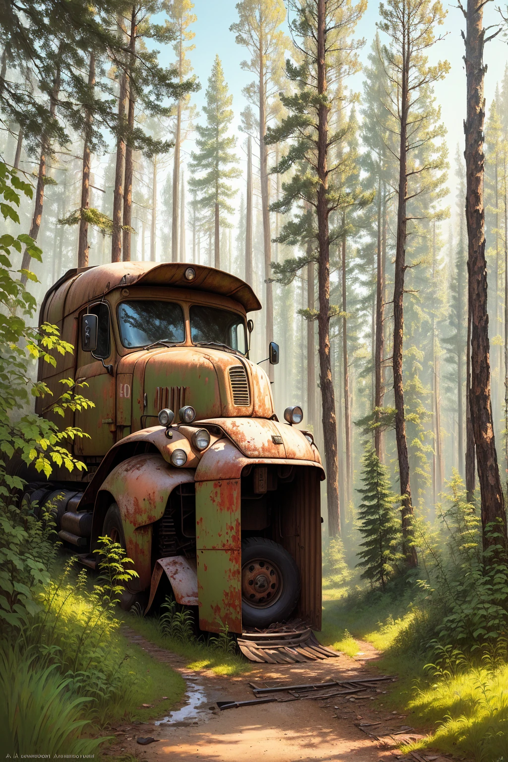 Painting of an old rusty truck in the forest,There are tires, Andrei Gordeev, Vadim Kashin. Surreal, 靈感來自Vadim Kashin, Alexei Egorov, abandoned vehicles, philip hodas art style, forgotten、lost in the forest, Busier Rutkoski Andreas Rocha, Highly detailed digital painting
