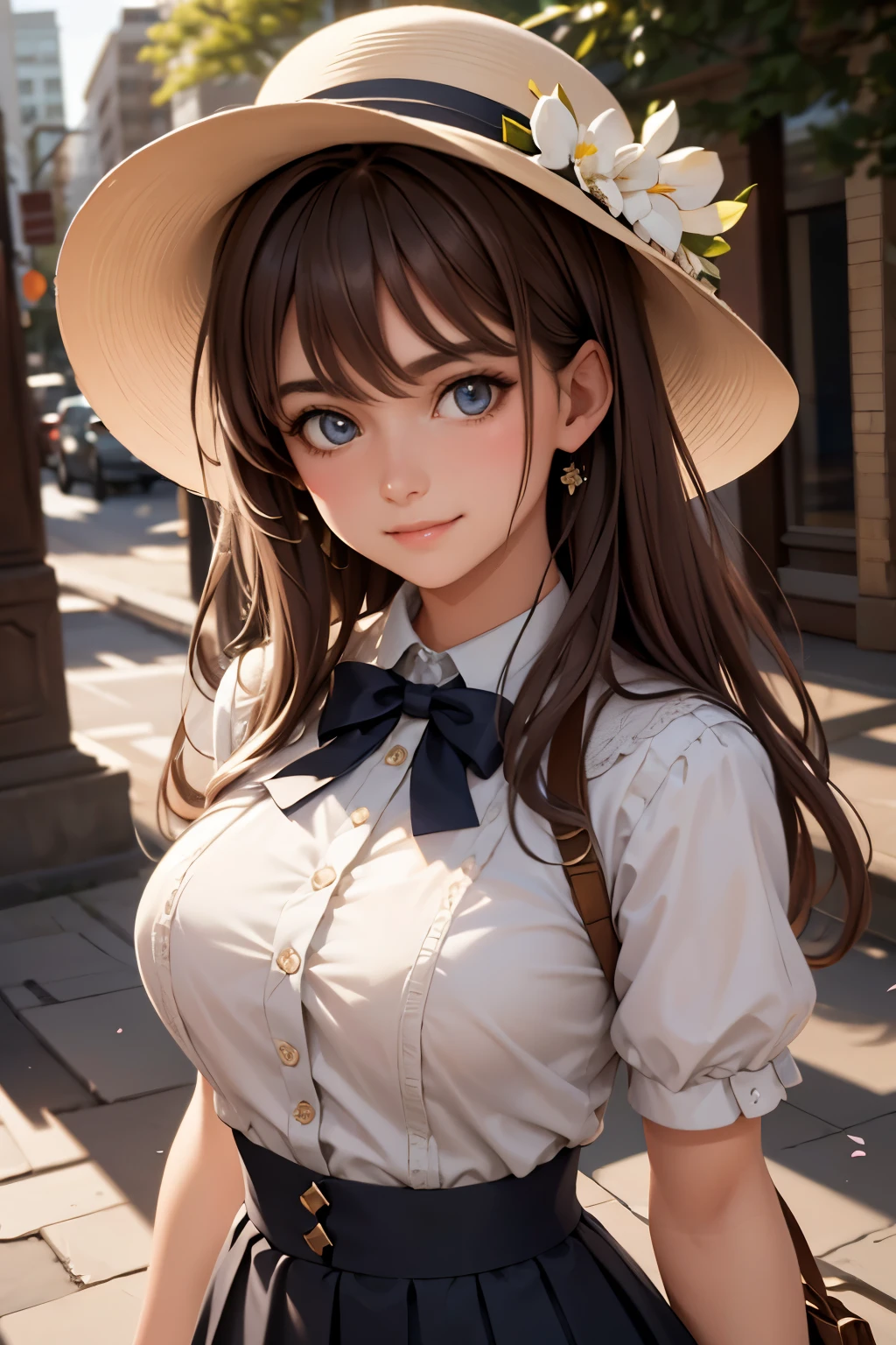 Medium view, medium shot, depth of field, bust, upper body, cinematic angle, masterpiece, best quality, super detailed, CG, 8K wallpaper, beautiful face, delicate eyes, a maiden, solo, smile, bangs, skirt, shirt, hat, dress, bow, petals, bouquet