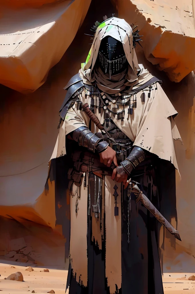 a person in the desert, wearing tattered robes, has a black mask with a chain veil attached to it that completely conceals face, wears a cowl, has torn and tattered robes underneath scrappy leather armor, tattered shoulder cape similar to a simar, leather wrap bracers around forearms, metal quarterstaff, lone wanderer, cel shading, line art, anime styling