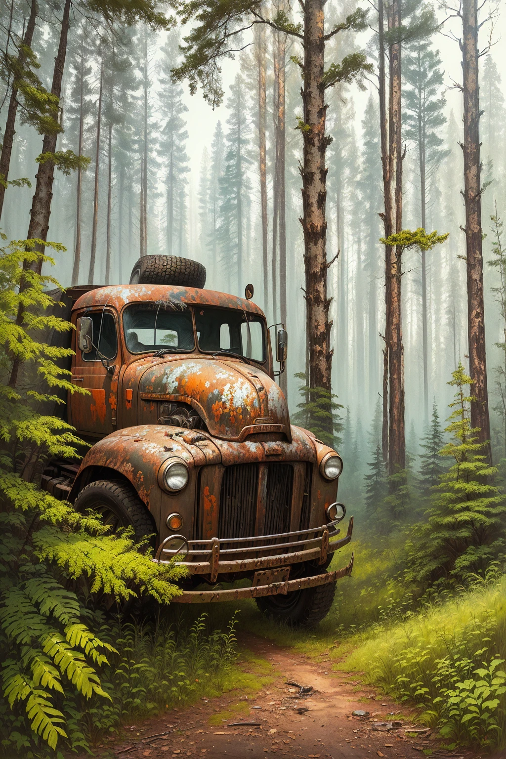 Painting of an old rusty truck in the forest，There are tires, Andrei Gordeev, Vadim Kashin. Surreal, 靈感來自Vadim Kashin, Alexei Egorov, abandoned vehicles, philip hodas art style, forgotten、lost in the forest, Busier Rutkoski Andreas Rocha, Highly detailed digital painting