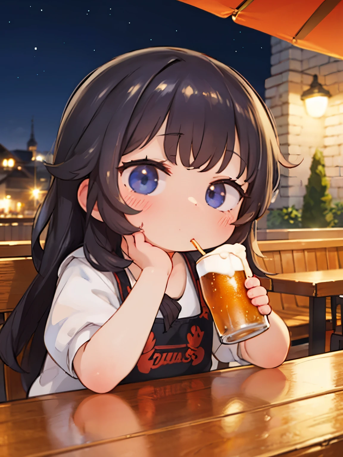 masterpiece，Highest quality，Highest Resolution，Small girl drinking beer in a beer garden at nightＯＬ，