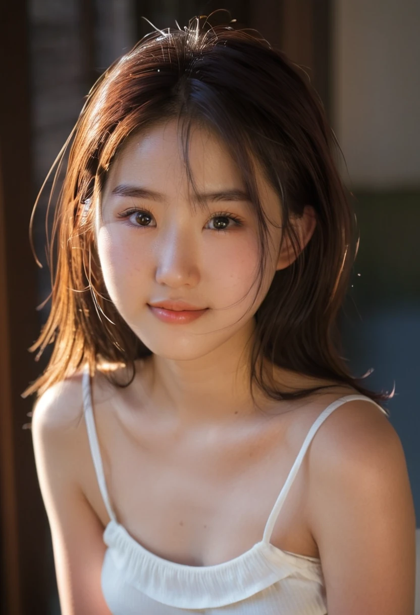 lens: 135mm f1.8, (Highest quality),(RAW Photos), (Tabletop:1.1), (Beautiful 16 year old Japan girl), Cute face, (Deeply chiseled face:0.7), Spotted sunlight, Dramatic lighting, (white camisole), shy, (Close-up shot), (faint smile), nsfw
