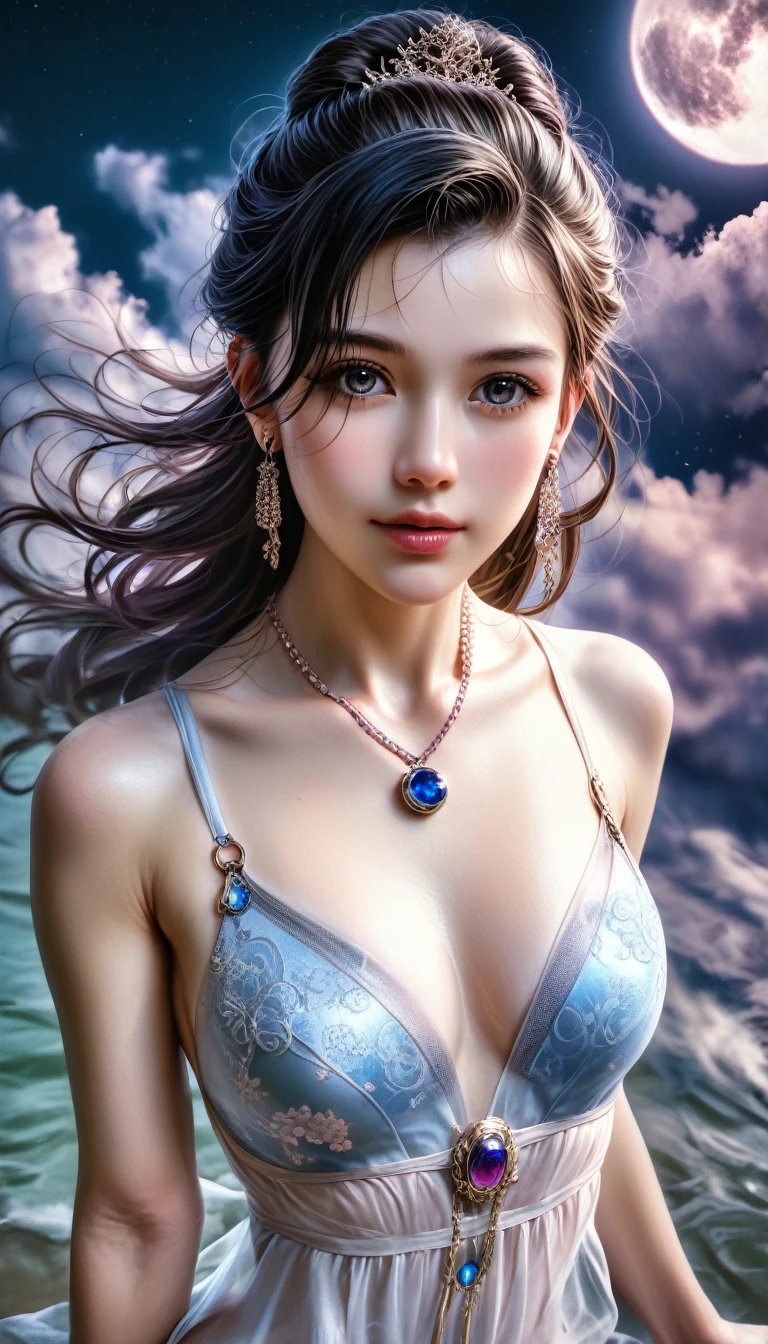 score_9, score_8_superior, score_7_superior, A masterpiece in 32K resolution,Highest quality,it is really amazing,Very detailed,Ultra-high resolution,(Ultra-realistic:1.5),(Realistic:1.5),Increased depth of field,Cinematic lighting,
(Elegant adult Japanese woman:1.4),
Long black hair,Ultra-detailed and beautiful face,(Gentle expression:1.1),Translucent white skin,(Realistic skin texture:1.1),
(Sexy Swimwear:1.1),
Bold design,Artistic design,Beautiful and detailed pattern,Detailed fabric texture,
Gorgeous necklace,Earrings,
Coastline at night,(Giant Moon:1.1),(Dark clouds floating in the dark night sky:1.1),
High angle,