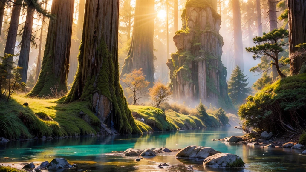 large glowing blue lake with island in the centre, fantasy fairytale scenery, in a valley with huge dramatic mountains towering in the distance,autumn,large ornamental lawns, rocks plants flowers shrubs trees moss lawns grass redwoods,sunset storm and strong sunbeams,misty hazy,extreme details,photorealistic,4k,HD,beautiful,nature, dreamy, imaginative