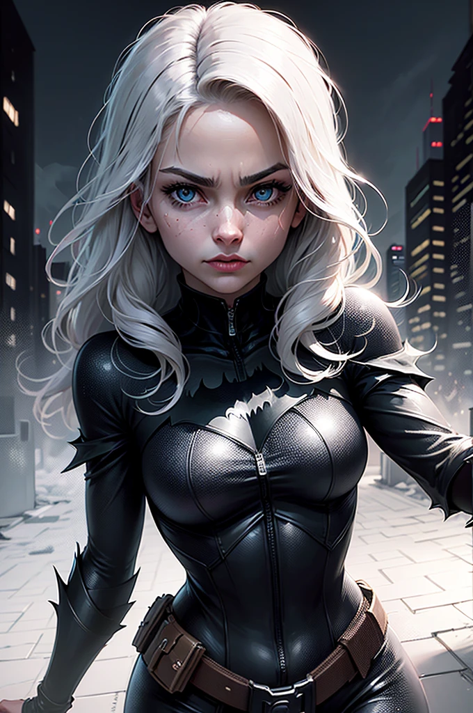 Create a front-facing image of Batman's face in a dark, modern environment. The background should be minimalistic yet detailed, suggesting a dark street or modern cityscape. Batman's eyes should be glowing brightly in white, providing a striking contrast. Focus on a strong, defined facial structure