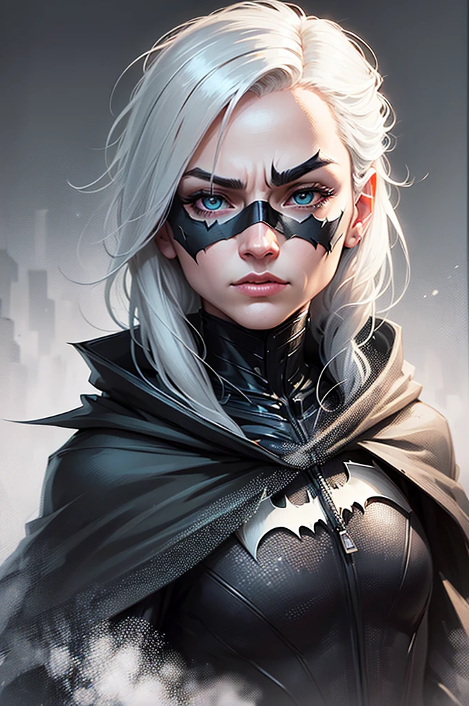 Create a front-facing image of Batman's face in a dark, modern environment. The background should be minimalistic yet detailed, suggesting a dark street or modern cityscape. Batman's eyes should be glowing brightly in white, providing a striking contrast. Focus on a strong, defined facial structure