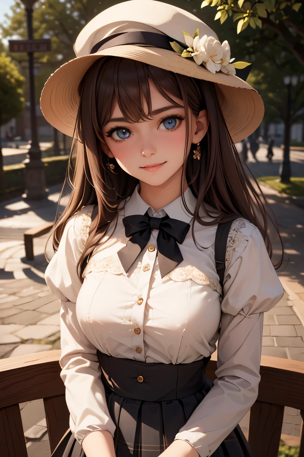 Medium view, medium shot, depth of field, bust, upper body, cinematic angle, masterpiece, best quality, super detailed, CG, 8K wallpaper, beautiful face, delicate eyes, a maiden, solo, smile, bangs, skirt, shirt, hat, dress, bow, petals, bouquet