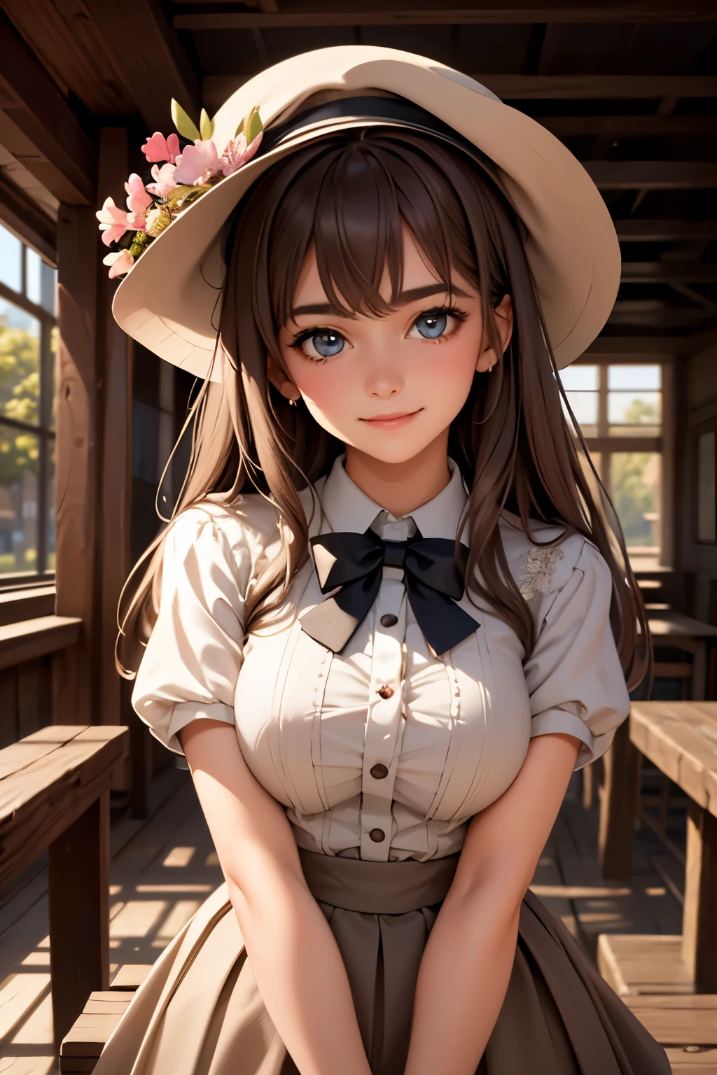 Medium view, medium shot, depth of field, bust, upper body, cinematic angle, masterpiece, best quality, super detailed, CG, 8K wallpaper, beautiful face, delicate eyes, a maiden, solo, smile, bangs, skirt, shirt, hat, dress, bow, petals, bouquet
