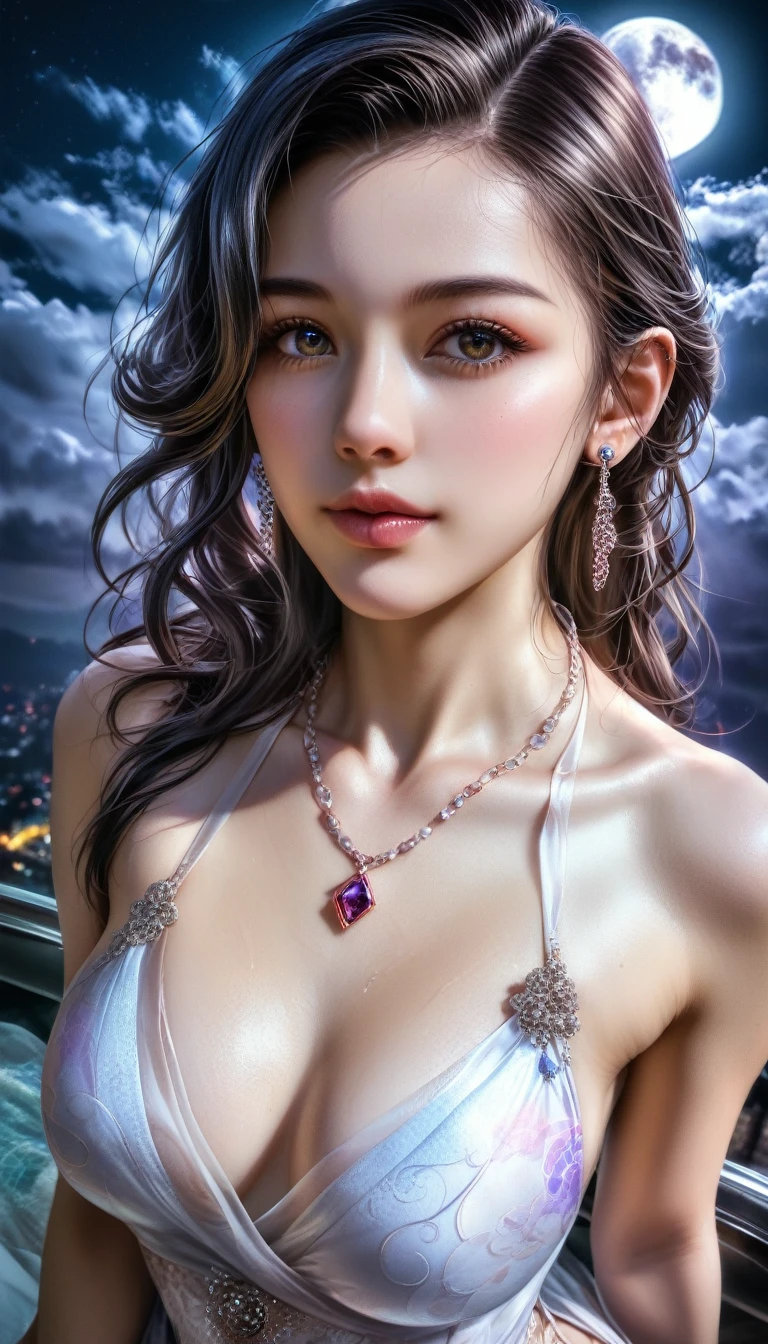 score_9, score_8_superior, score_7_superior, A masterpiece in 32K resolution,Highest quality,it is really amazing,Very detailed,Ultra-high resolution,(Ultra-realistic:1.5),(Realistic:1.5),Increased depth of field,Cinematic lighting,
(Elegant adult Japanese woman:1.4),
Long black hair,Ultra-detailed and beautiful face,(Gentle expression:1.1),Translucent white skin,(Realistic skin texture:1.1),
(Sexy Swimwear:1.1),
Bold design,Artistic design,Beautiful and detailed pattern,Detailed fabric texture,
Gorgeous necklace,Earrings,
Coastline at night,(Giant Moon:1.1),(Dark clouds floating in the dark night sky:1.1),
High angle,