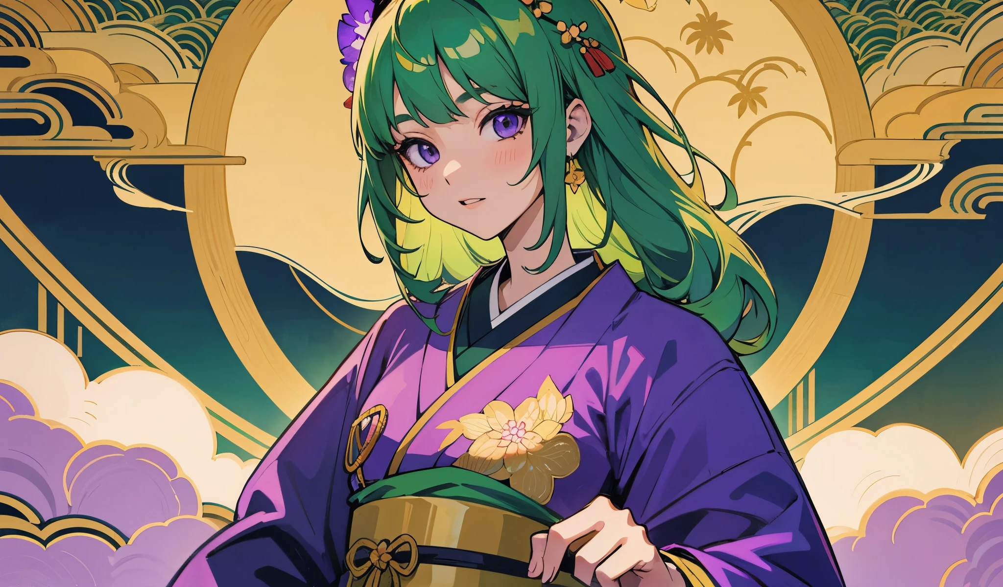 green-haired girl, at the Japanese festival, dressed for the Japanese festival, traditional violet clothing, golden details on the clothing, Japanese festival background