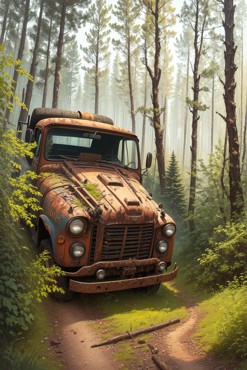 Painting of an old rusty truck in the forest,There are tires, Andrei Gordeev, Vadim Kashin. Surreal, 靈感來自Vadim Kashin, Alexei Egorov, abandoned vehicles, philip hodas art style, forgotten、lost in the forest, Busier Rutkoski Andreas Rocha, Highly detailed digital painting