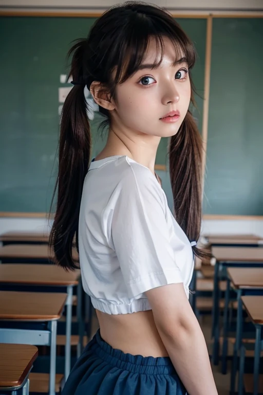 (Wearing dark blue bloomers:1.3)、((Navy blue high rise full back bikini bottom)),((Smooth facial skin)、one girl, (a beauty girl, delicate girl:1.3), (:1.3), break,(Wearing a short white T-shirt))、 (Wearing dark blue bloomers:1.3), break, Very detailedな明瞭さ, (Symmetrical eyes:1.3), break, (School classroom, indoor:1.3), break, Small breasts、 Brown eyes, ((Twin tails))、 Brown Hair, girl, break, (Eye and facial details:1.0), break, (masterpiece, Highest quality, Very detailed, Detailed face, 8k)