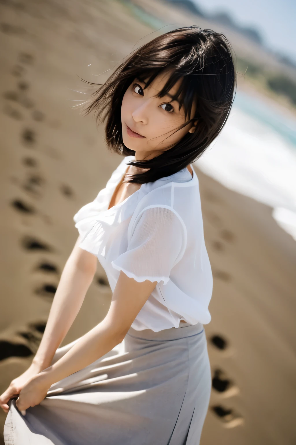 8k, highest quality, masterpiece, super high resolution, (realistic:1.4), RAW Photos, (Film Grain:1.3), One Girl, a skinny Japanese woman, 40 years old, standing on the beach, leaning forward, . She has a cute face and black hair. She is wearing a white blouse on nude, a gray pleated skirt. ((the skirt flutters in strong winds.)) (She is straightening legs up, spreading legs slightly). (Real skin texture:1.3), correct body anatomy, ((detailed face, detailed eyes)), (a photo captured from low angle)