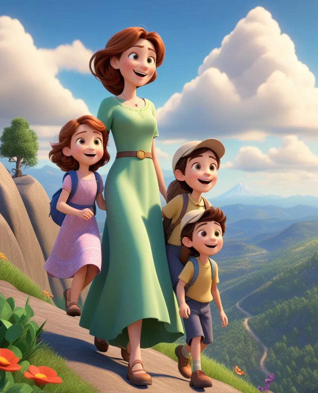 A happy family climbing the mountain. The mother is wearing a long dress and her head is covered, 3D Pixar Style