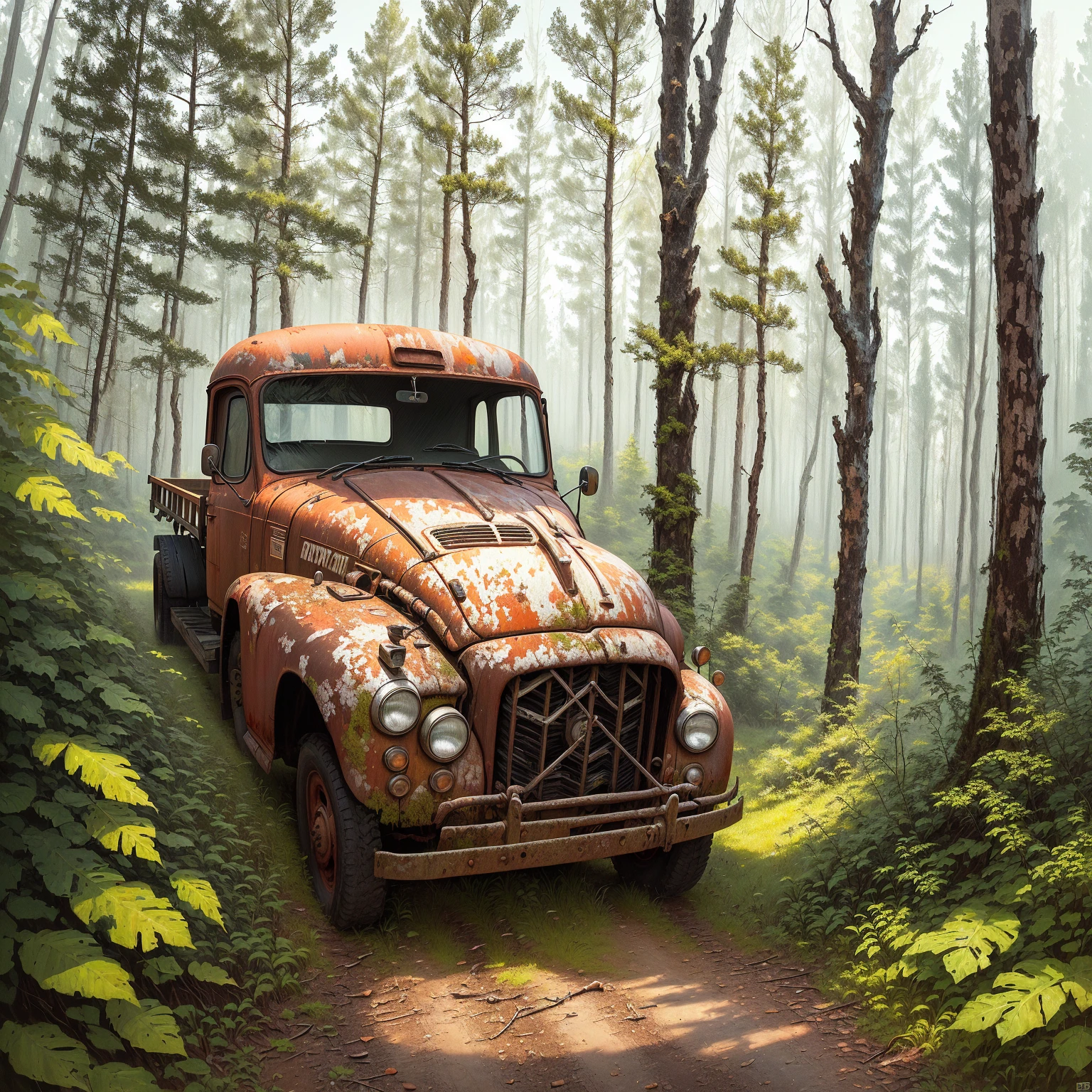 Painting of an old rusty truck in the forest,There are tires, Andrei Gordeev, Vadim Kashin. Surreal, 靈感來自Vadim Kashin, Alexei Egorov, abandoned vehicles, philip hodas art style, forgotten、lost in the forest, Busier Rutkoski Andreas Rocha, Highly detailed digital painting