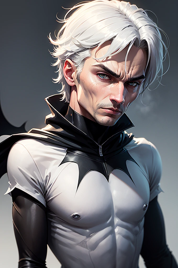 Create a highly detailed, realistic avatar image of a male Batman focusing solely on his neck and face. The environment should be extremely dark, enhancing the mysterious and intense atmosphere. Batman's cowl should have a sleek, metallic and modern design, with minimalist elements. His eyes should glow brightly in white, providing a striking contrast against the dark background. Emphasize strong, defined facial features and ensure the overall style is minimalist yet powerful
