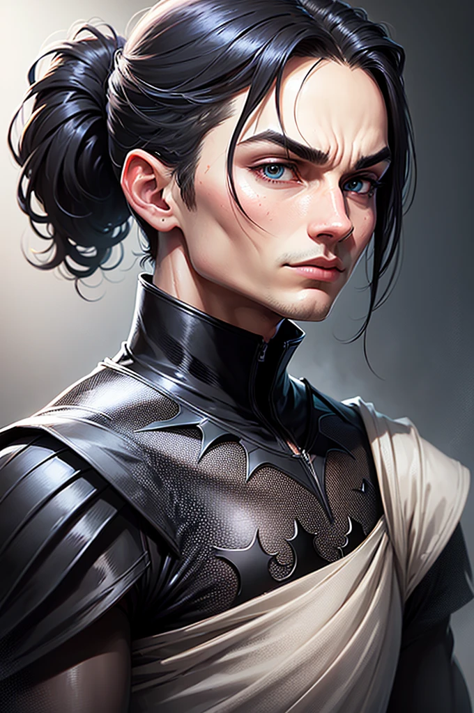Create a highly detailed, realistic avatar image of a male Batman focusing solely on his neck and face. The environment should be extremely dark, enhancing the mysterious and intense atmosphere. Batman's cowl should have a sleek, metallic and modern design, with minimalist elements. His eyes should glow brightly in white, providing a striking contrast against the dark background. Emphasize strong, defined facial features and ensure the overall style is minimalist yet powerful
