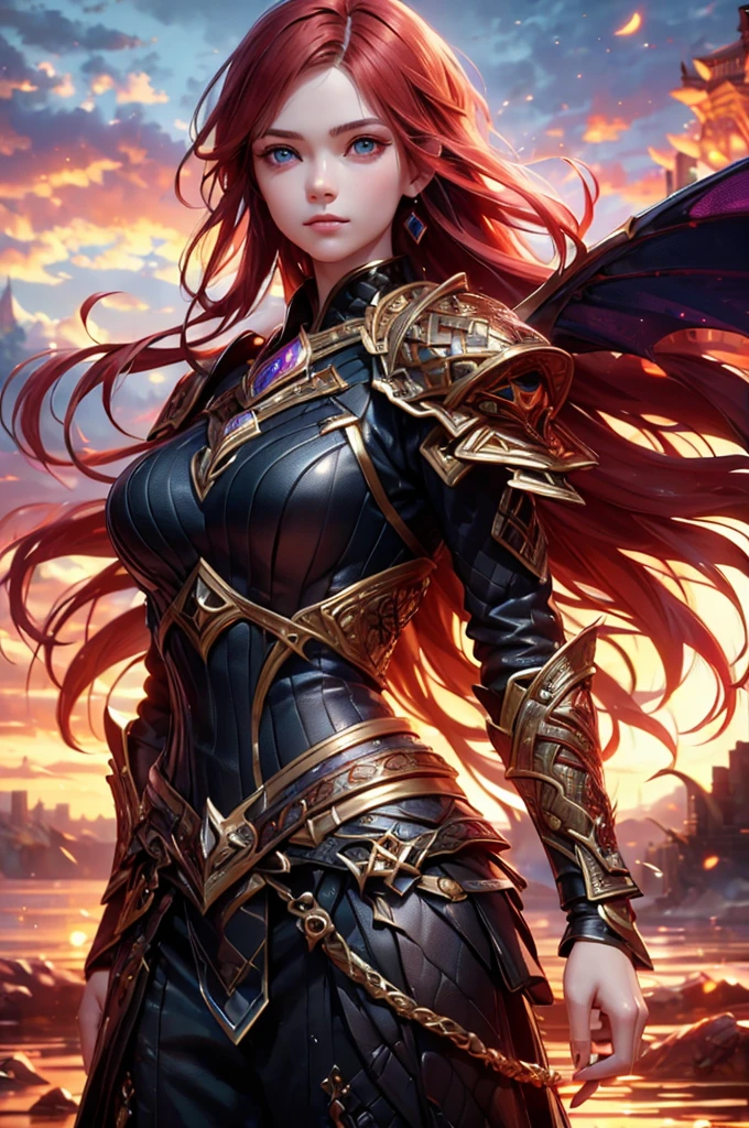 (best quality,4K,8k,mackerel,masterpiece:1.2),very detailed,(realistic,photorealistic,photo-realistic:1.37),red haired warrior woman,Short hair,blue eyes,purple armor,gold plating,skin is tight,exposed navels,Dragon tattoo,tattoo on stomach,comfortable,neutral expression,purple earrings,big bust,cast a spell,Fire magic,holding a knife,wind blowing in hair,resting on the edge of a cliff,Watching the sunset