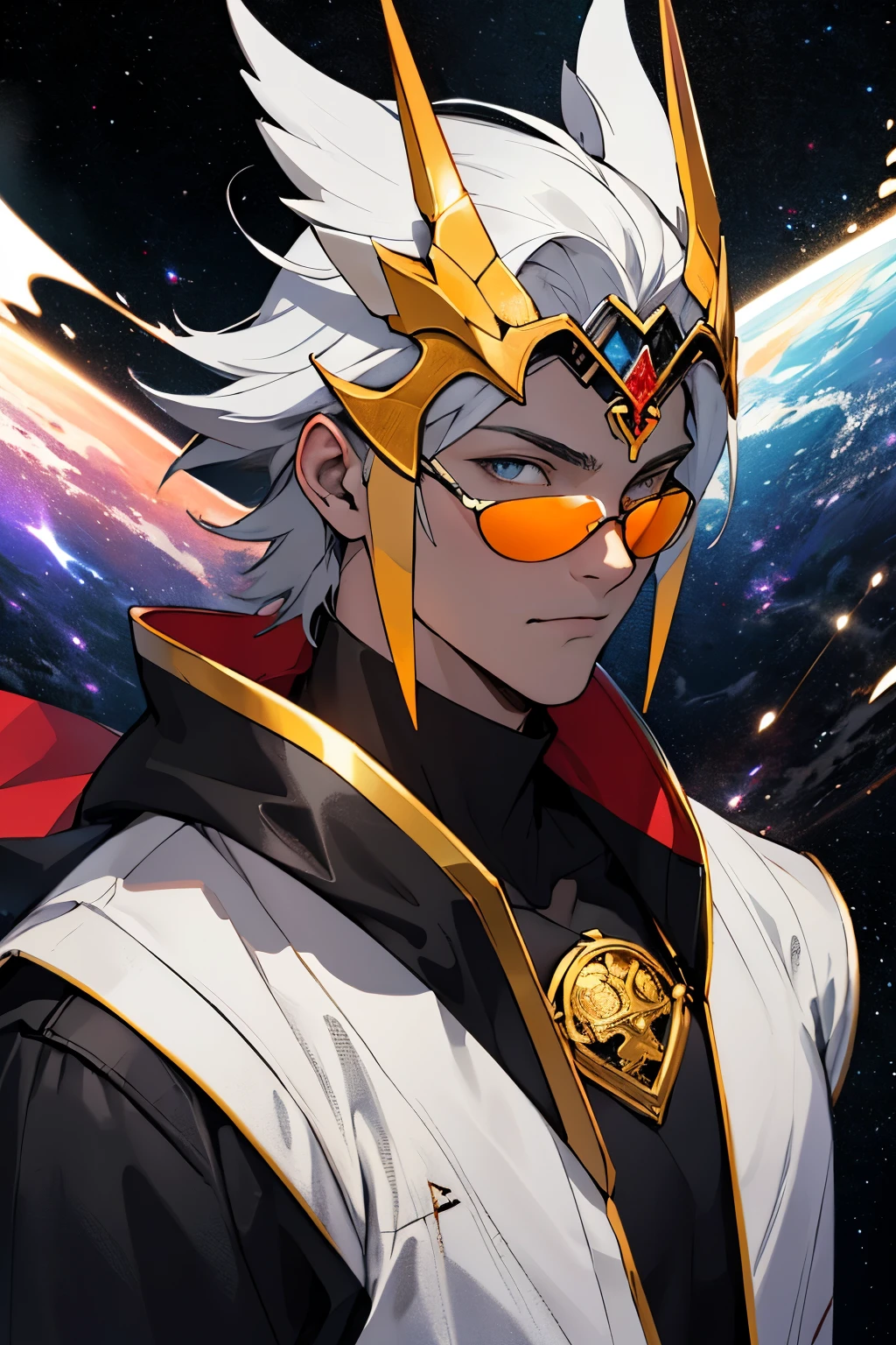 Create an illustration in black colors, white and carmine featuring the bust of Hermes Trismegistus. From your mind, portray a galaxy emerging, symbolizing the ascension and infinity of human knowledge. Art should combine Eastern and Western styles, incorporating elements from both cultures. Make sure the galaxy emits vibrant shades of crimson, contrasting with the black and white tones of the bust of Hermes and the background.