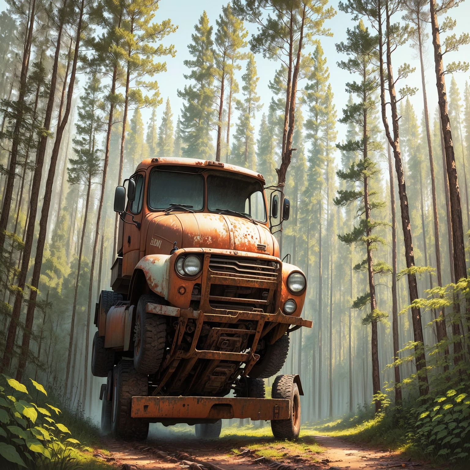 Painting of an old rusty truck in the forest，There are tires, Andrei Gordeev, Vadim Kashin. Surreal, 靈感來自Vadim Kashin, Alexei Egorov, abandoned vehicles, philip hodas art style, forgotten、lost in the forest, Busier Rutkoski Andreas Rocha, Highly detailed digital painting