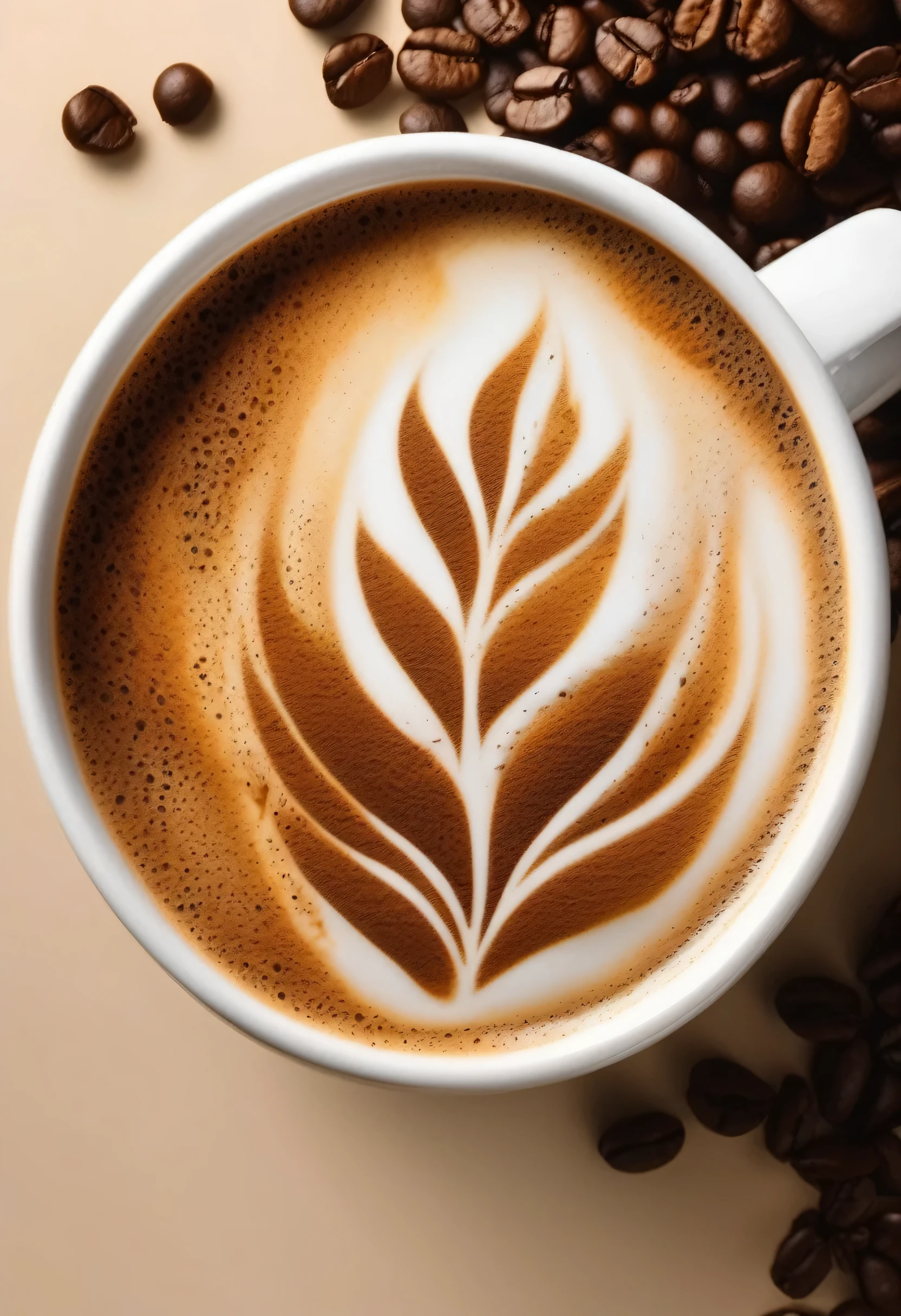 A cup of coffee Latte Art Coffee cup with leaves drawn in the foam There is a faint steam coming out. Stylish Real