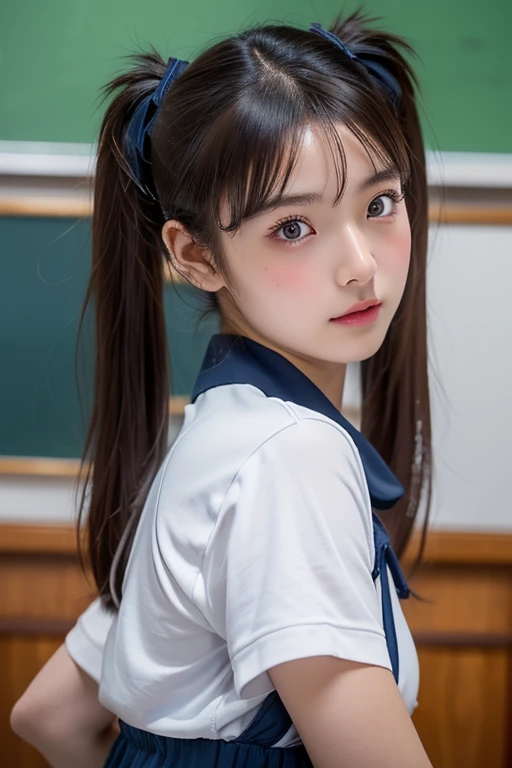 (Wearing dark blue bloomers:1.3)、((Navy blue high rise full back bikini bottom)),((Smooth facial skin)、one girl, (a beauty girl, delicate girl:1.3), (12 years old:1.3), break,(Wearing a short white T-shirt))、 (Wearing dark blue bloomers:1.3), break, Very detailedな明瞭さ, (Symmetrical eyes:1.3), break, (School classroom, indoor:1.3), break, Small breasts、 Brown eyes, ((Twin tails))、 Brown Hair, girl, break, (Eye and facial details:1.0), break, (masterpiece, Highest quality, Very detailed, Detailed face, 8k)