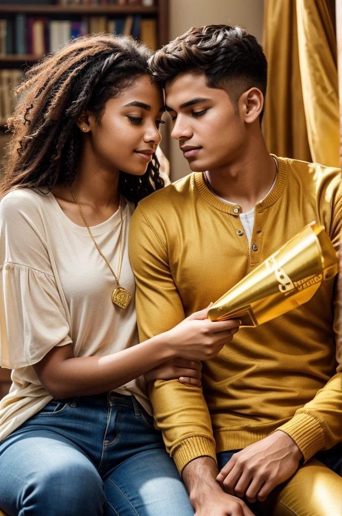 Generate an image with Golden Ambitions written on it and a college boy and girl leaning on each other