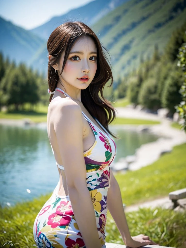 A beautiful girl wearing a floral dress in the scenic Naran Kaghan valley, hyper-realistic 8K photograph, breathtaking landscape, lush greenery, serene lake, snow-capped mountains in the background, warm sunlight, intricate floral patterns, flowing fabric, elegant pose, piercing eyes, delicate facial features, long wavy hair, striking colors, cinematic composition, photo-realistic quality, highly detailed, masterpiece