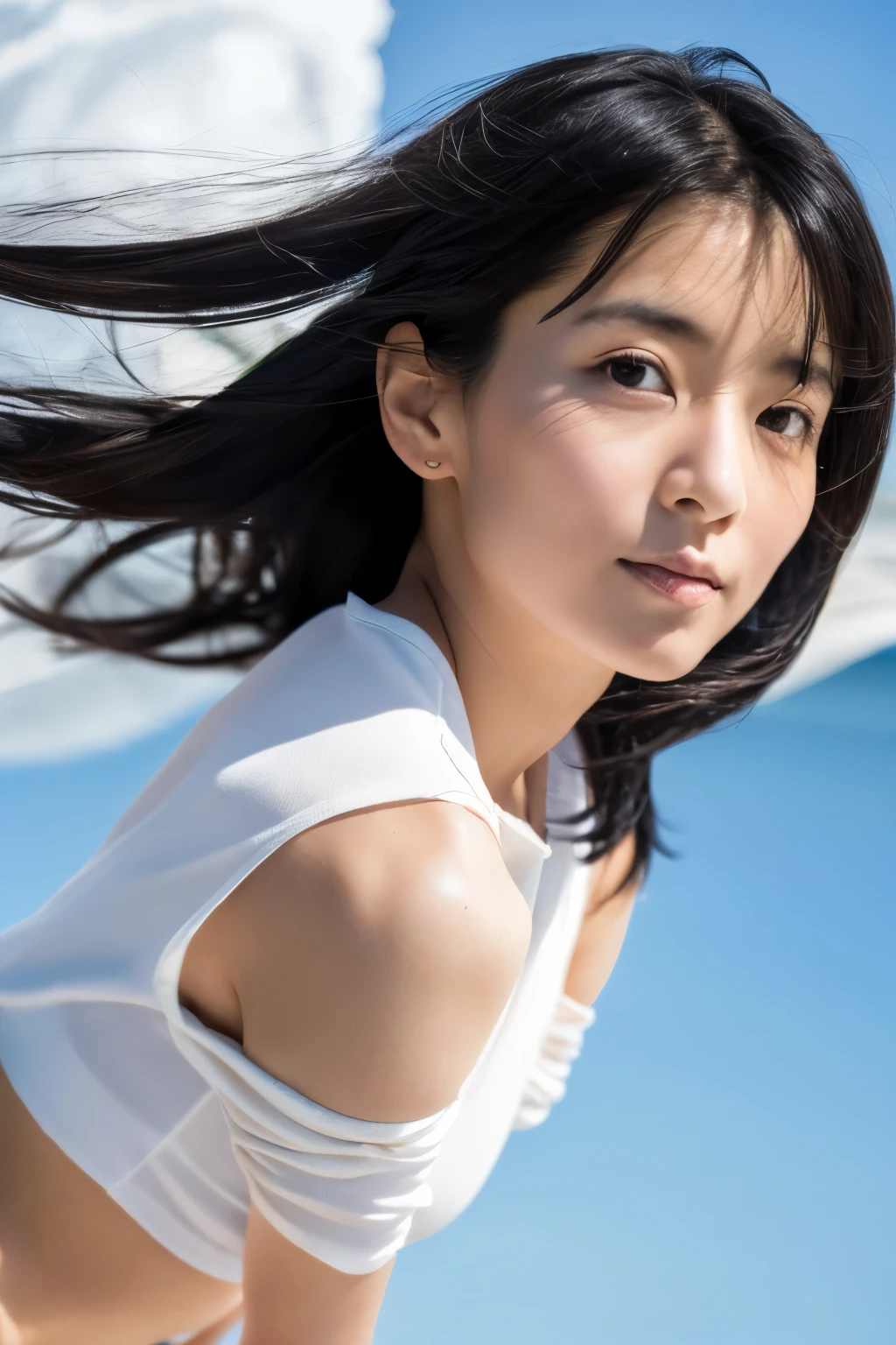 8k, highest quality, masterpiece, super high resolution, (realistic:1.4), RAW Photos, (Film Grain:1.3), One Girl, a skinny Japanese woman, 40 years old, standing on the beach, leaning forward, . She has a cute face and black hair. She is wearing a white blouse on nude, a gray pleated skirt. ((the skirt flutters in strong winds.)) (She is straightening legs up, spreading legs slightly). (Real skin texture:1.3), correct body anatomy, ((detailed face, detailed eyes)), (a photo captured from low angle)