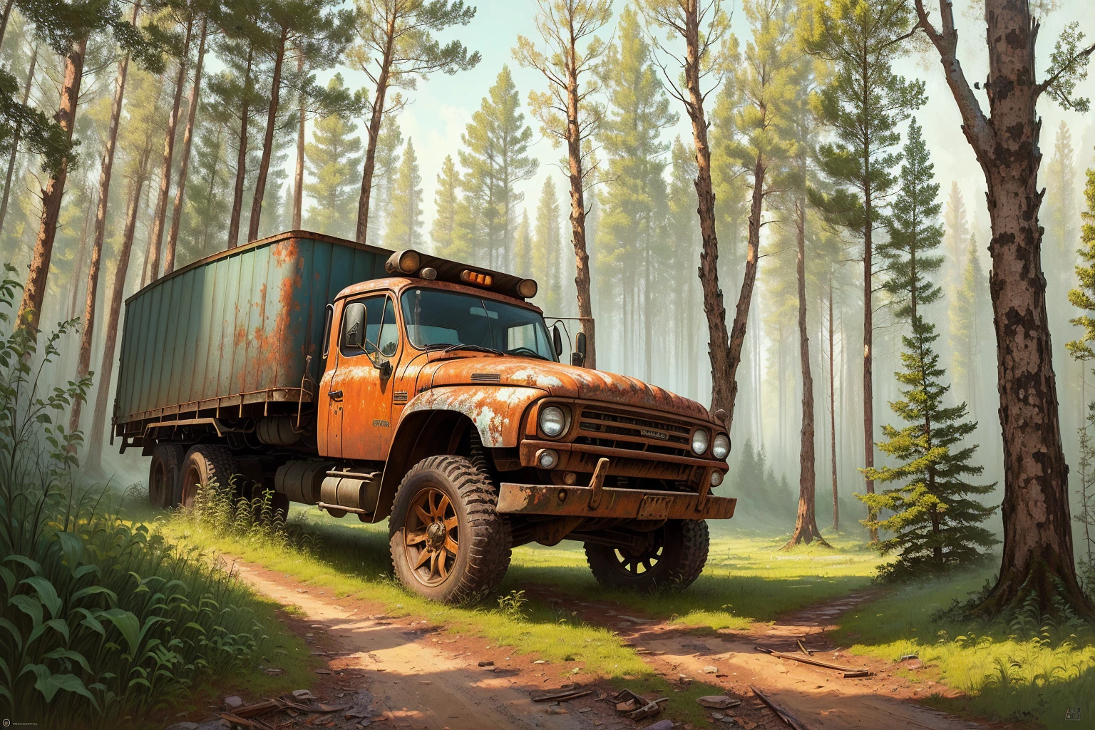Painting of an old rusty truck in the forest,There are tires, Andrei Gordeev, Vadim Kashin. Surreal, 靈感來自Vadim Kashin, Alexei Egorov, abandoned vehicles, philip hodas art style, forgotten、lost in the forest, Busier Rutkoski Andreas Rocha, Highly detailed digital painting
