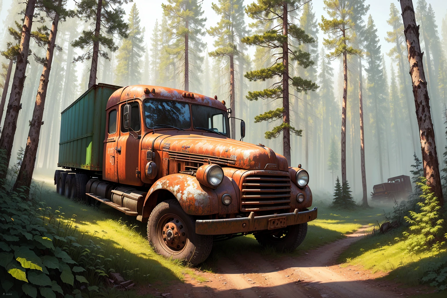 Painting of an old rusty truck in the forest,There are tires, Andrei Gordeev, Vadim Kashin. Surreal, 靈感來自Vadim Kashin, Alexei Egorov, abandoned vehicles, philip hodas art style, forgotten、lost in the forest, Busier Rutkoski Andreas Rocha, Highly detailed digital painting