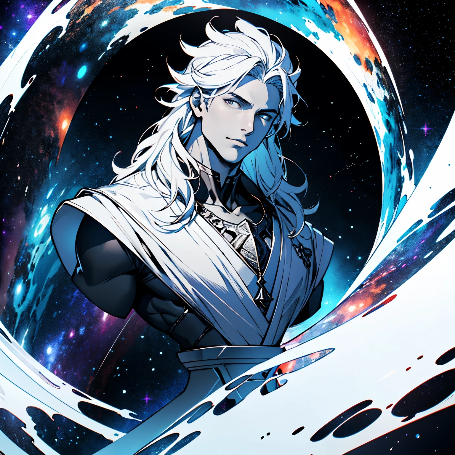 Create an illustration in black colors, white and carmine featuring the bust of Hermes Trismegistus. From your mind, portray a galaxy emerging, symbolizing the ascension and infinity of human knowledge. Art should combine Eastern and Western styles, incorporating elements from both cultures. Make sure the galaxy emits vibrant shades of crimson, contrasting with the black and white tones of the bust of Hermes and the background.