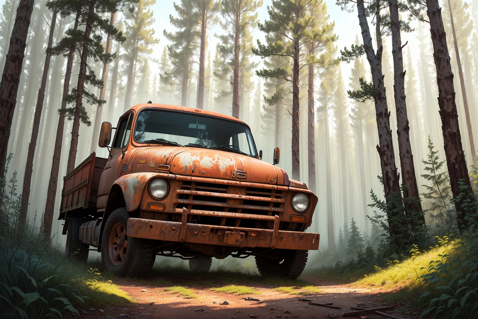 Painting of an old rusty truck in the forest,There are tires, Andrei Gordeev, Vadim Kashin. Surreal, 靈感來自Vadim Kashin, Alexei Egorov, abandoned vehicles, philip hodas art style, forgotten、lost in the forest, Busier Rutkoski Andreas Rocha, Highly detailed digital painting