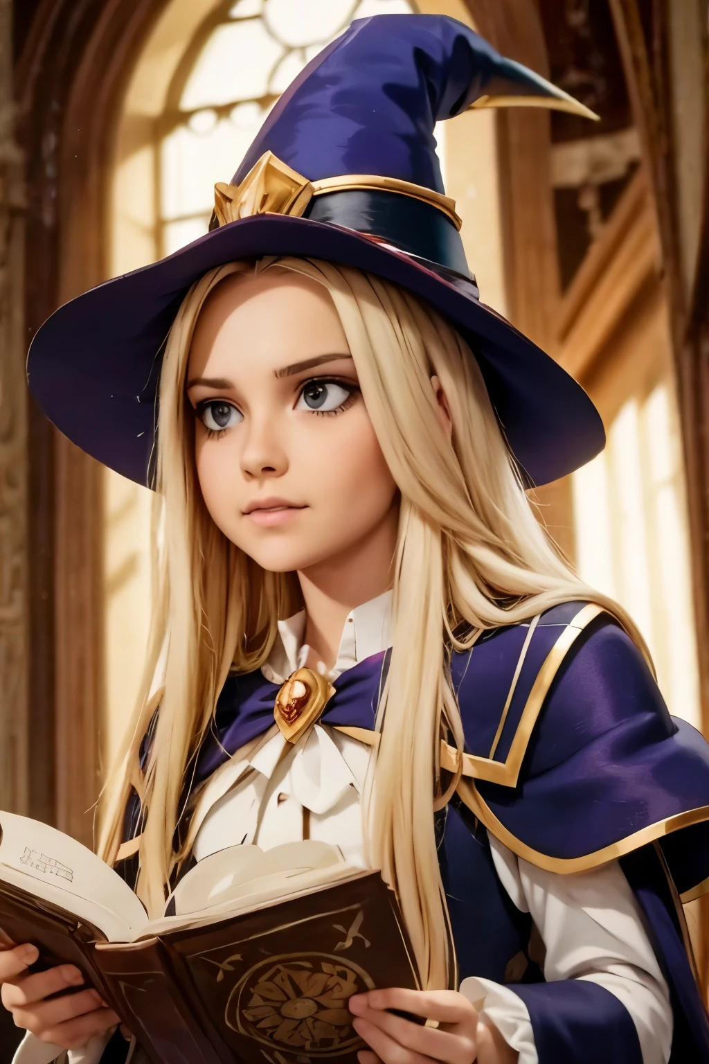 dark magician girl, masterpiece, best quality, (1girl), solo, (water), long hair, blonde hair, blue headwear, wizard hat, spell casting, castle, castle:2, motion blur, book, magic, (moonlight:1.2), chromatic aberration, depth of field, soft lighting, highly detailed face, highly detailed eyes, 