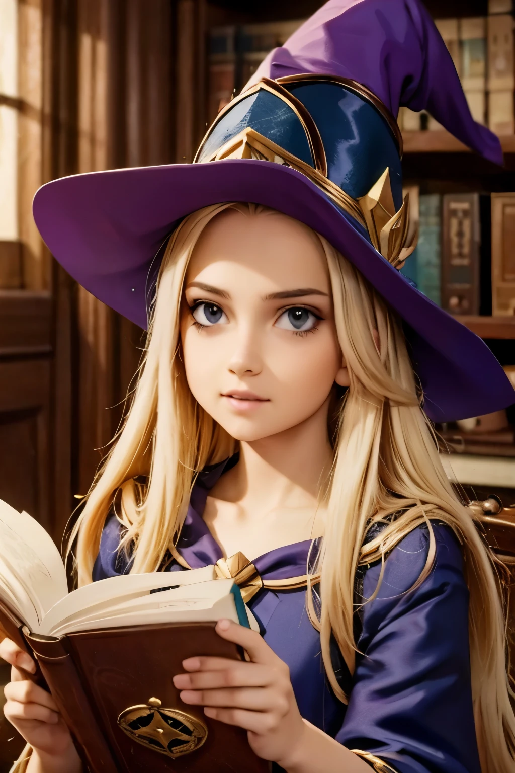 dark magician girl, masterpiece, best quality, (1girl), solo, (water), long hair, blonde hair, blue headwear, wizard hat, spell casting, castle, castle:2, motion blur, book, magic, (moonlight:1.2), chromatic aberration, depth of field, soft lighting, highly detailed face, highly detailed eyes, 