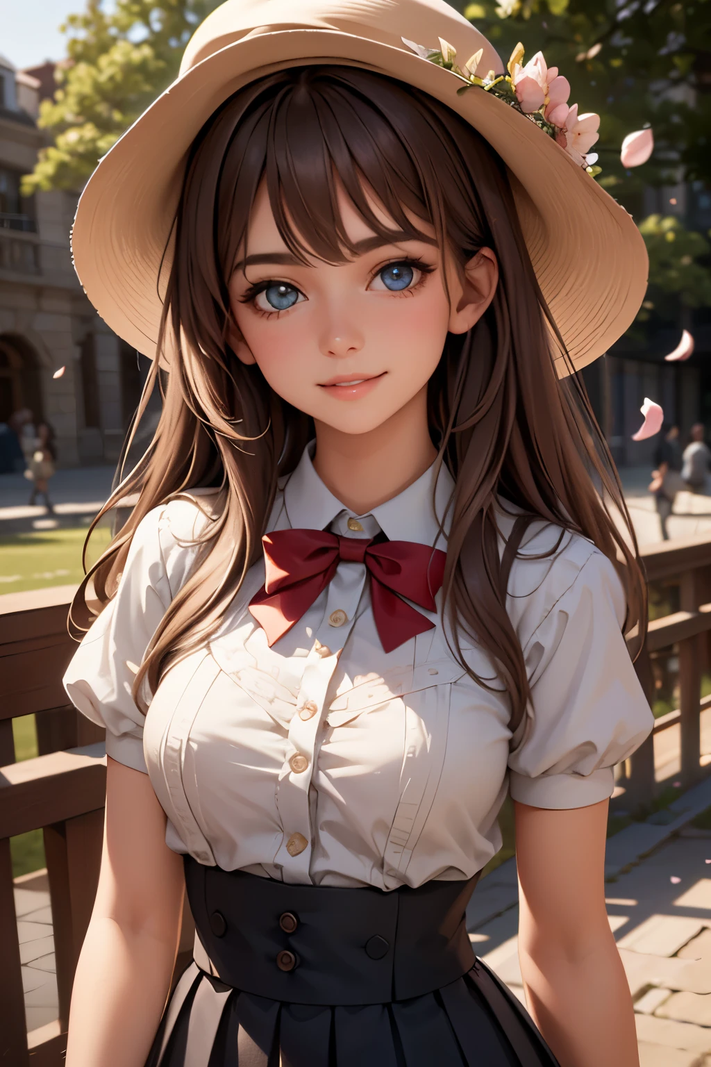 Medium view, medium shot, depth of field, bust, upper body, cinematic angle, masterpiece, best quality, super detailed, CG, 8K wallpaper, beautiful face, delicate eyes, a maiden, solo, smile, bangs, skirt, shirt, hat, dress, bow, petals, bouquet