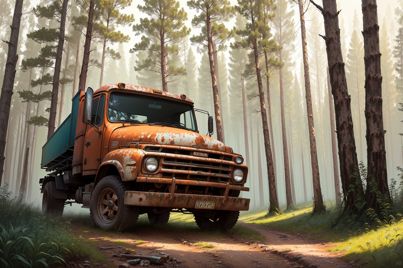 Painting of an old rusty truck in the forest,There are tires, Andrei Gordeev, Vadim Kashin. Surreal, 靈感來自Vadim Kashin, Alexei Egorov, abandoned vehicles, philip hodas art style, forgotten、lost in the forest, Busier Rutkoski Andreas Rocha, Highly detailed digital painting