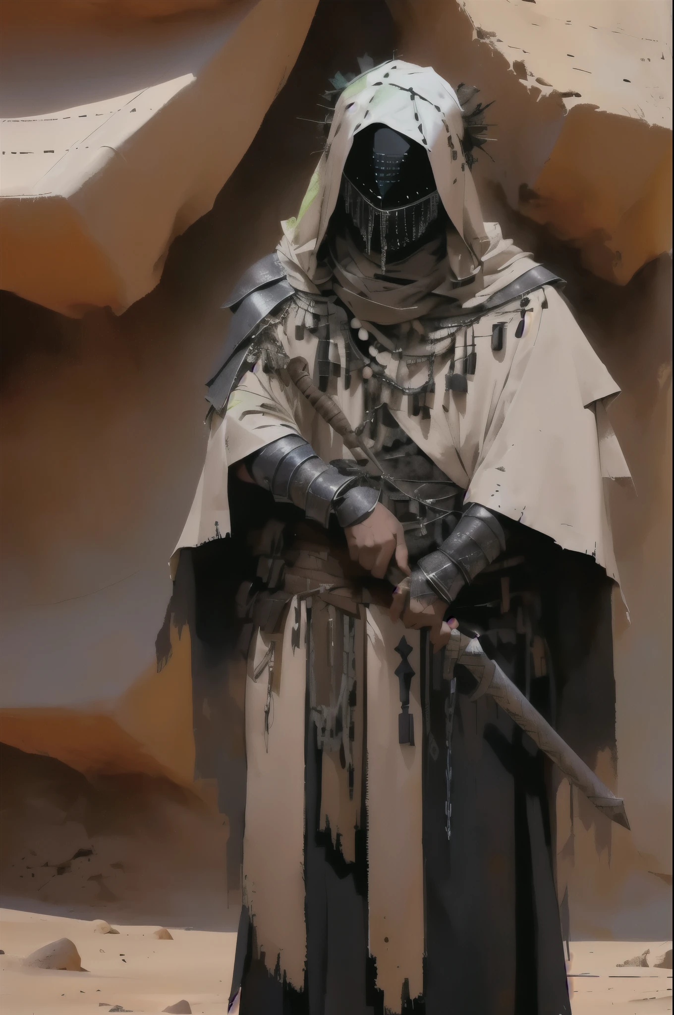 a person in the desert, wearing tattered robes, has a black mask with a chain veil attached to it that completely conceals face, wears a cowl, has torn and tattered robes underneath scrappy leather armor, tattered shoulder cape similar to a simar, leather wrap bracers around forearms, metal quarterstaff, lone wanderer, cel shading, line art, anime styling