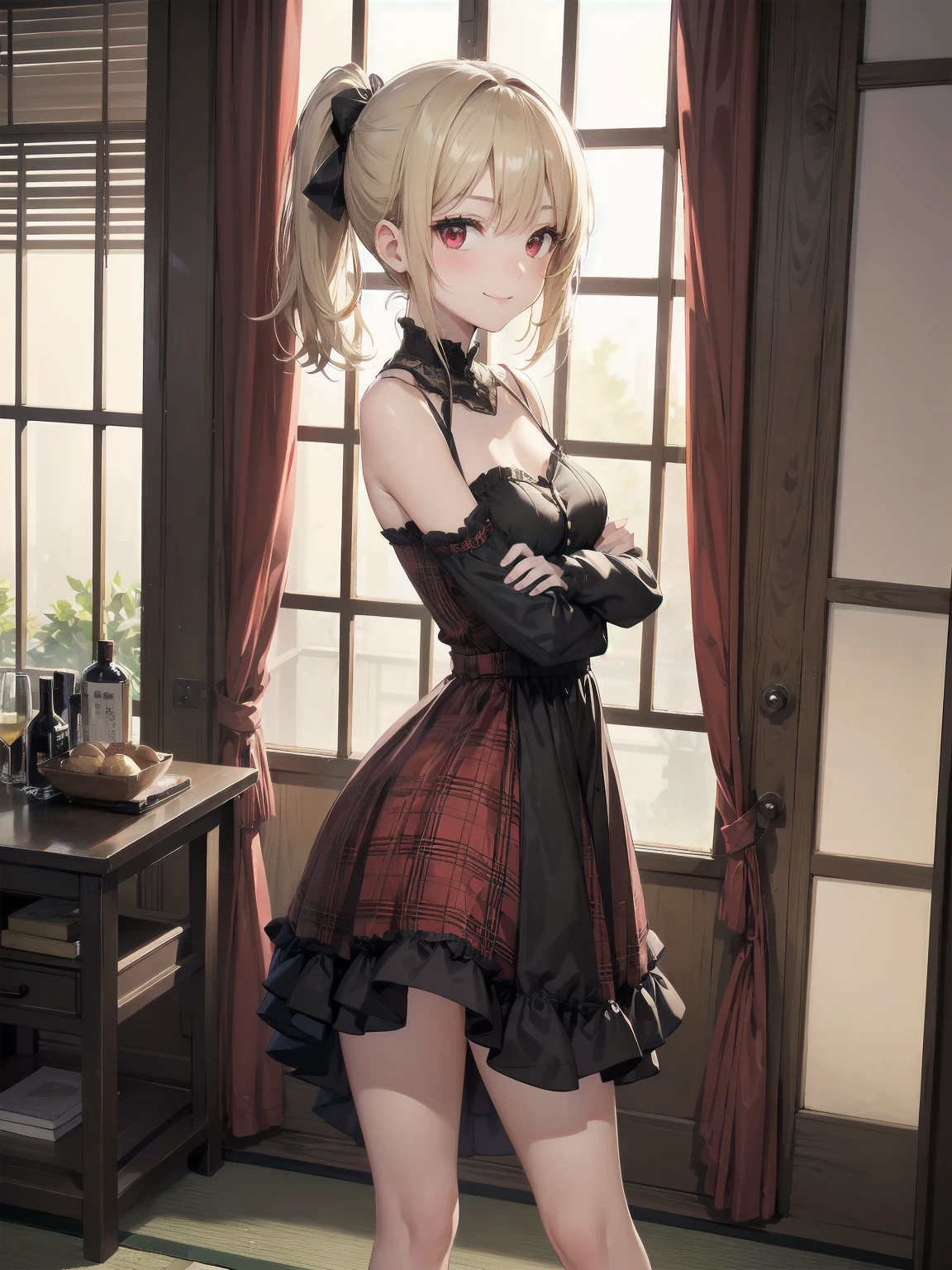 Girl in cute pose, (Masterpiece: 1.3), (Best Quality: 1.2), close-up of one beautiful girl, super hyper-detailed illustration,
BREAK
(Body type: girl, small breasts, slender,) charisma by nature,
BREAK
(Face: outstanding looks, mature beauty, ruby red eyes,)
BREAK
(Hairstyle: ponytail, long hair that ends around her chest, layers around her face, not much in the rest of her face. The rest of the hair is not so layered, giving the impression of a heavy haircut. The hair is smooth and straight, and the bangs are long enough to cover the eyes. They are parted and down so that the forehead is slightly visible. The key point is that both ends of the bangs are slightly cut to a length around the cheekbones. Blonde hair. (Lighter hair color than so-called brown or brown hair, half-up hair style tied on one side, left side half bunches or side ponytail),
BREAK
Less revealing dresses, plaid printed splicing dresses, vintage long-sleeved bodycon dresses,
BREAK
Bending forward, arms crossed behind the back, smiling, silky hair
BREAK
Background: warm room with wood grain and green, 7 tatami 1K natural interior, cosmetic table, bed, futon, cushion, chair, accessories, curtains, cute girlish room