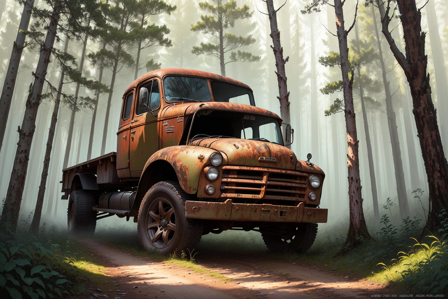 Painting of an old rusty truck in the forest,There are tires, Andrei Gordeev, Vadim Kashin. Surreal, 靈感來自Vadim Kashin, Alexei Egorov, abandoned vehicles, philip hodas art style, forgotten、lost in the forest, Busier Rutkoski Andreas Rocha, Highly detailed digital painting