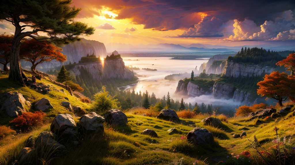 large deep clear glowing blue lake with island in the centre, fantasy fairytale scenery, in a valley with huge dramatic mountains towering in the distance,autumn,large ornamental lawns, rocks plants flowers shrubs trees moss lawns grass redwoods,sunset storm and strong sunbeams,misty hazy,extreme details,photorealistic,4k,HD,beautiful,nature, dreamy, imaginative