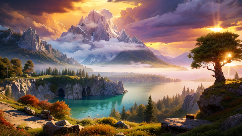 large deep clear glowing blue lake with island in the centre, fantasy fairytale scenery, in a valley with huge dramatic mountains towering in the distance,autumn,large ornamental lawns, rocks plants flowers shrubs trees moss lawns grass redwoods,sunset storm and strong sunbeams,misty hazy,extreme details,photorealistic,4k,HD,beautiful,nature, dreamy, imaginative