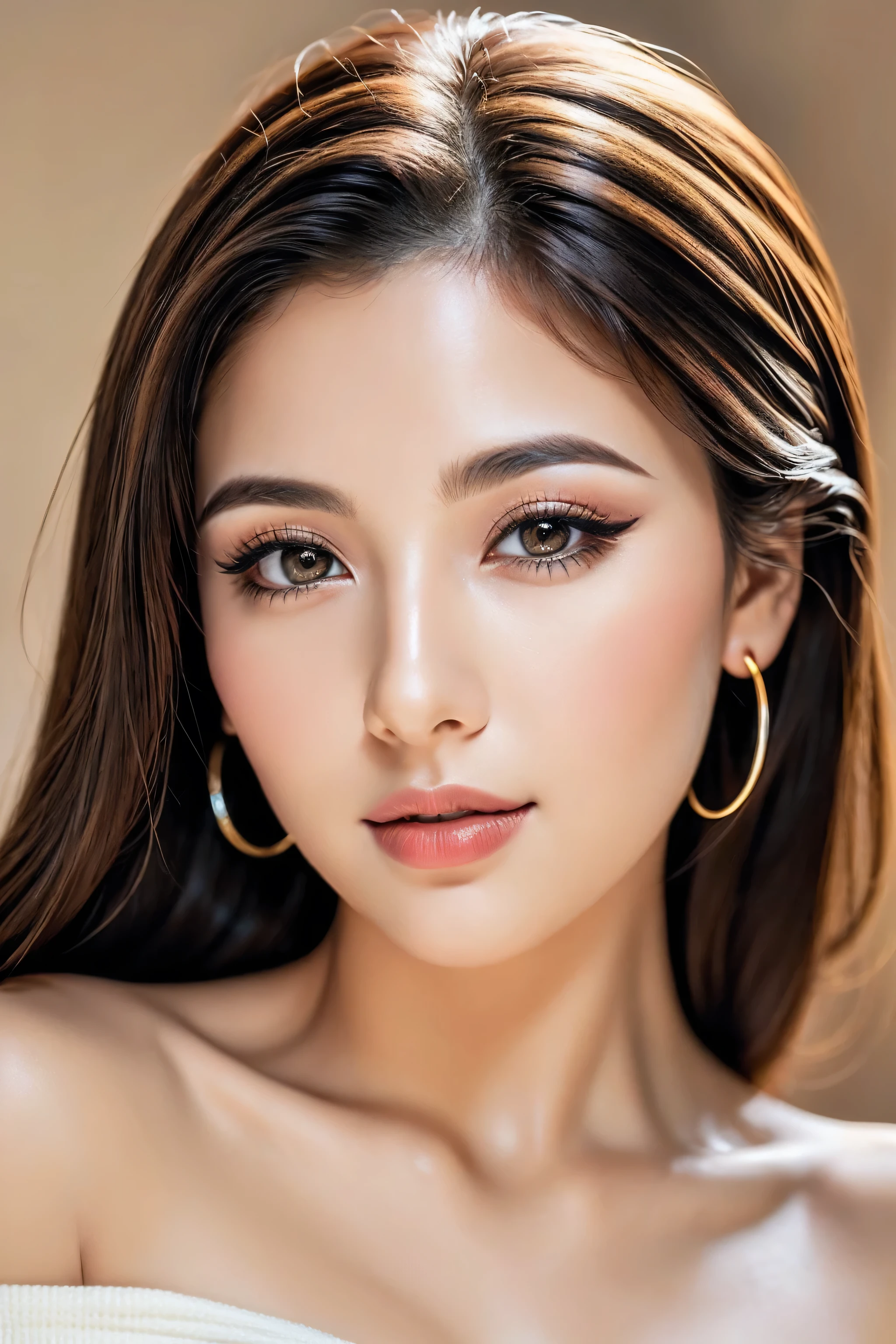 photorealism 16K realism, (Hyper-realistic proportional body, anatomically correct:1.3), ((ultra-fine digital art)), ((intricately detailed beautiful face)), (light pale complexion)), BREAK, (small round head), (high detailed realistic Super beautiful slim and sharp-face), (best highest detailed realistic black_eyes:1.28), ((super realistic sharp-eyes:1.2)), (tired and sleepy and satisfied:0.0), close up of a woman's eyes, perfect round eyes, finely detailed pupils,BREAK, detailed lips:1.3, pink_makeup:1.2, (long_blue_eyeliner:1.2), (red_lipstick:1.2), ((perfect dark_eyeshadows:1.25)), (super detailed professional makeup on eyes:1.25), (Detailed nose:1.25), (best high quality real texture skin:1.3), stunning beautiful girl, 25 yo, detailed skin, beautiful shinning long luscious hair, strands of hair flaoting in air, hair updo, hair, delicate facial features, detailed glossy eyes and pupils, detailed shinning natural hairs, detailed sharp nose, detailed white glistening teeth, perfect symmetrical face, detailed natural perfect breasts, graceful pose, soft lighting, artistic painting, vibrant colors, ethereal atmosphere, ((2 Big stars shine:1.22)), mesmerizing gaze, flawless complexion, enchanting beauty, surreal background, solo, looking at viewer, bangs, (beautiful modern fashionable designer yellow,blue and red combination dress), earrings and necklace, cute smile, upper body, indoors, frills, night time, perfect lighting, luxurious living room, sofa, lots of colourful flowers,looking at the viewer, lips,